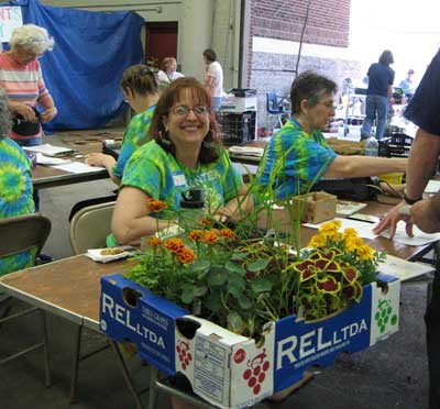 Two cashiers with plants in front of them