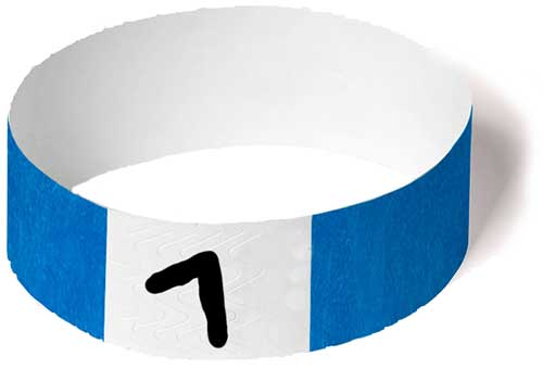 Blue paper wristband with number 7 on it