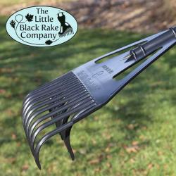 Photo of the double-headed little black rake with Little Black Rake logo
