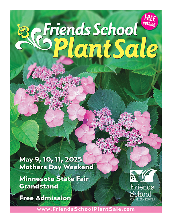 2025 Friends School Plant Sale cover. Features a photo of Tiny Tuff Stuff hydrangea (hydrangea serrata): Small pink flowers surrounded by larger flower clusters.