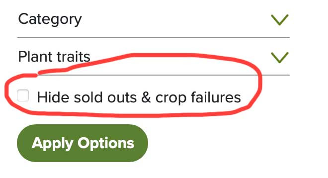 "Check Hide sold outs & crop failures" text is encircled